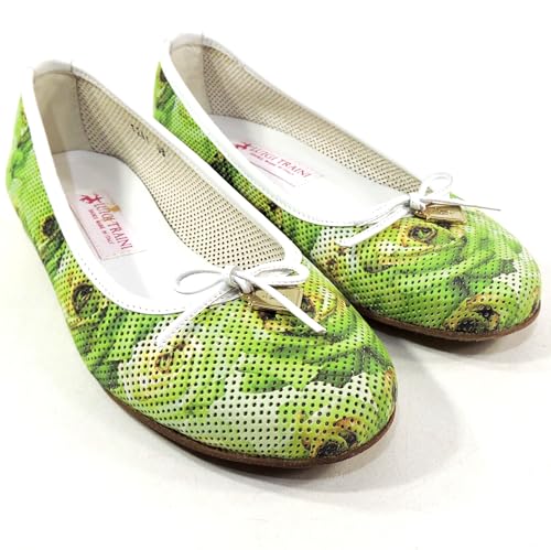 Women's Ballet Flats, Green Perforated Leather, Comfort Summer Loafers with White Bow Detail, Made in Italy2