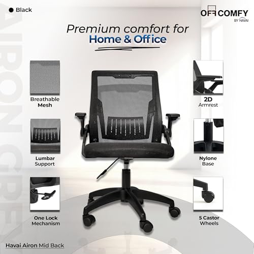 Image of HAVAI Airon Ergonomic Office Chair with Mesh Back | Executive Computer Chair with Reclining & Folding Function | Nylon Armrests | Class 2 Gas Lift | Plywood Base Support | WFH & Office Use (Black)