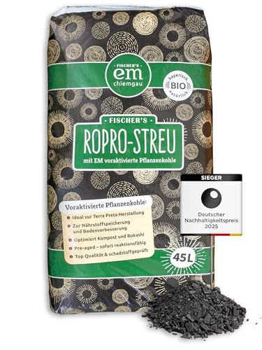 EM-Chiemgau RoPro-Streu 45 L Pflanzenkohle - Wurzelaktivator Bodenaktivator & Kompostbeschleuniger [Voraktiviert mit Effektiven Mikroorganismen] für Terra Preta, Bokashi, Humusaufbau, Garten & Stall