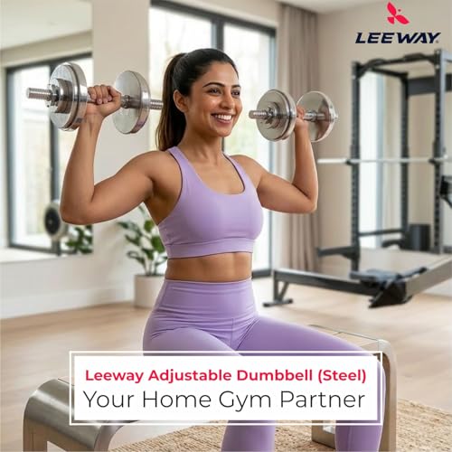 Image of LEEWAY Metal Adjustable Dumbbell Set for Home Gym | 50kg (2.5kgX4+5kgX8)| Steel Dumbbell Set | Chrome Plates for Iron Dumble Rods 28 mm & Spin Lock | Compact for Strength Training Workout Dumbell