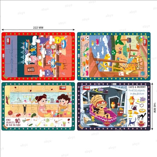 Image of ABYZ Wooden Jigsaw Puzzle - Cats and Mummy, Giraffe's Life, Cats in Kitchen, Kid's Mealtime, Playset for Little Explorers, 63 pcs - Pack of 4 | Birthday Gift for (3 Plus Years) Age Kids.