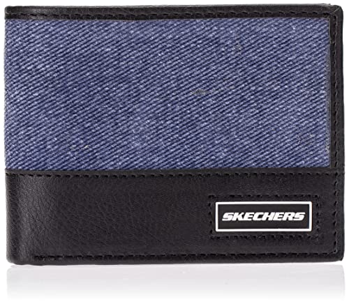 Skechers Men's Slimfold Canvas Vegan Leather RFID Wallet, Blue Patch, One Size