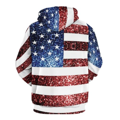 U.S. Flag Red Blue Sparkles Glitters Hoodies for Men 3D Print Pullover Hooded Drawstring Loose Sweatshirt with Big Pockets3