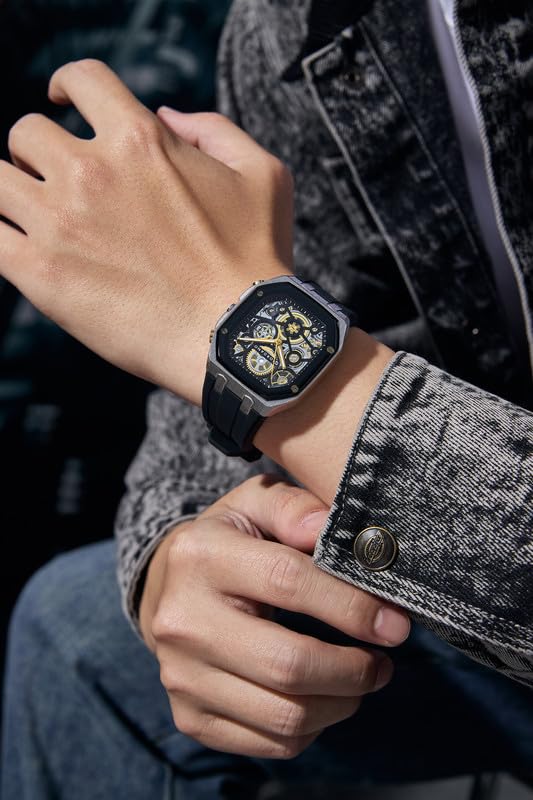 Image of Giordano Analog Quartz Watch for Men with Octagonal Skeleton Dial, Exposed Gear Design, Date Display and Silicone Strap - GZ-50221