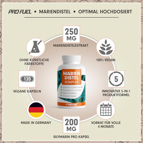 Mariendistel Kapseln hochdosiert 240x - 5-fach-Komplex mit Mariendistel, Artischocke, Löwenzahn, Desmodium & Cholin - Leberfunktion & Fettstoffwechsel - 200 mg Silymarin pro Tag - Vorrat für 4 Monate 2