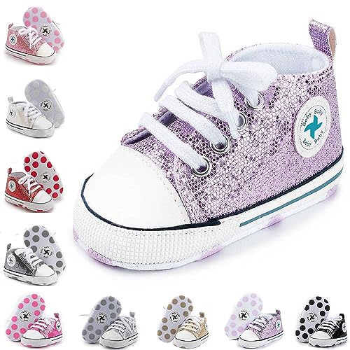 Image of Newborn Baby Girls Boys Canvas Shoes Infant Soft Sole Slip On First Walkers Sneaker Toddler Flat Loafers High Top Crib Denim Unisex Moccasins Shoe