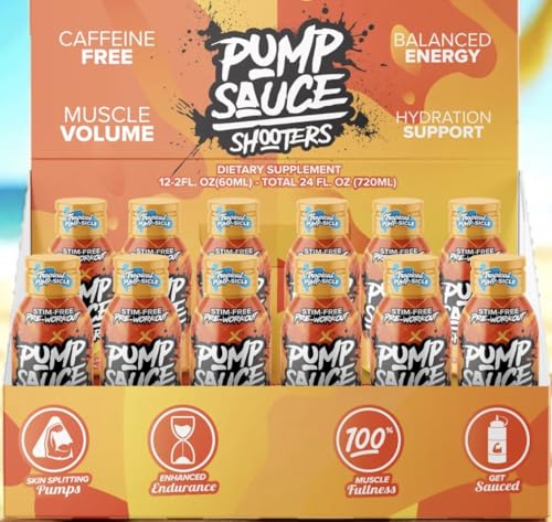 Pump Sauce Shooters Tropical Pumpsicle 2 oz Bottles (Pack of 12) - Pre Workout No Caffeine Full Spectrum Liquid Gluten Free Vegan Zero Sugar