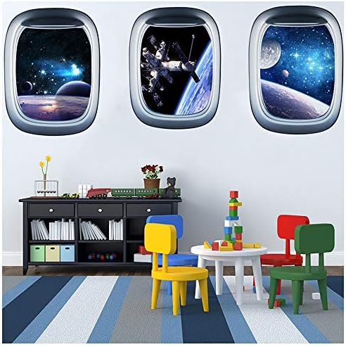 3 Pcs Universe Astronaut Space Capsule Window Wall Decals 3D Planet Spacecraft Wall Stickers Wall Art Decorative Sticker for Kids Home Living Room Bedroom Nursery Removable Party Decor Decorations