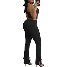 Vssjavun Women Sexy 2 Piece Outfits Halter Neck Crop Tops Pants Set | birthday outfit,going out sets,party,clubwear,backless crop top,bodycon flare pant,night out,y2k,vacation,concert