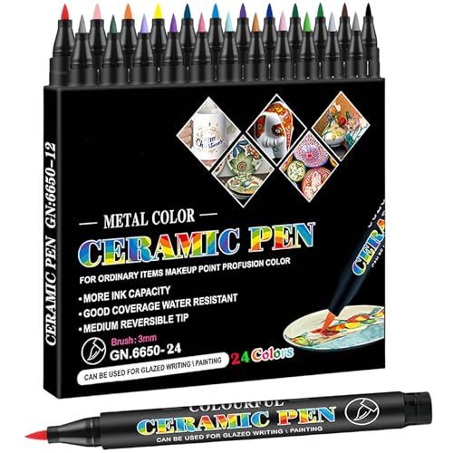 LMMINBZ Permanent Marke Ceramics Pens 24 Colors Porcelain Paint Brush Pen for Both Glazed and Unglazed Ceramics Christmas Decoration Wine Markers for Adults