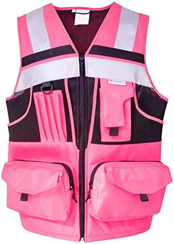ZUJA 3M Reflective stripes Safety Vest Hi-vis Pink knitted Vest with 10 pockets Bright Construction Workwear for men and women. (Pink, Medium)