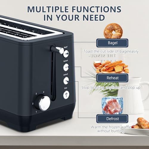 Image of Plum chef 4-Slice Toaster, Extra Wide Long Slot Toaster, 6 Browning Settings, Bagel /Defrost /Reheat Functions, Removable Crumb Tray, Stainless Steel Housing 1350W，Matte Black