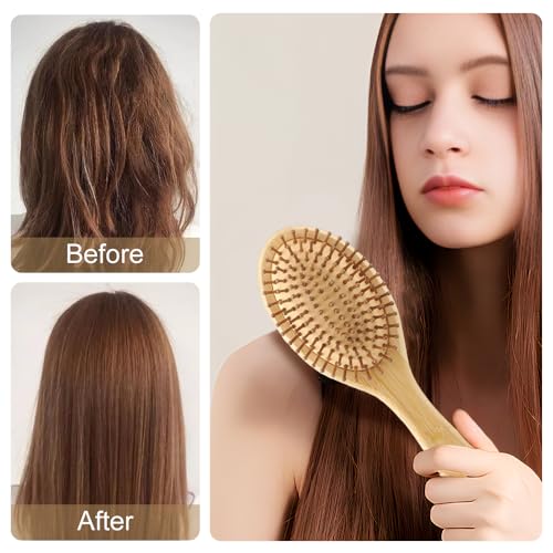 Bambus haarbürste, haarbürste holz, antistatisch, für Männer, Frauen und Kinder, für dickes langes Haar und glattes lockiges Haar, Anti-Frizz-Design, angenehme Kopfhautmassage(Rund