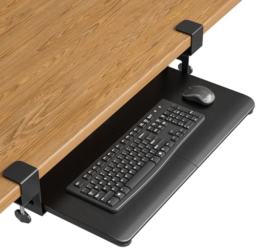 BONTEC KMT01 Under Desk Keyboard Tray, Pull-Out Keyboard &amp; Mouse Platform with C-Clamp, 25.6 x 11.8 in Space-Saving Ergonomic Slide-Out Drawer, Black