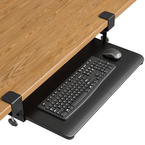 BONTEC KMT01 Under Desk Keyboard Tray, Pull-Out Keyboard & Mouse Platform with C-Clamp, 25.6 x 11.8 in Space-Saving Ergonomic Slide-Out Drawer, Black