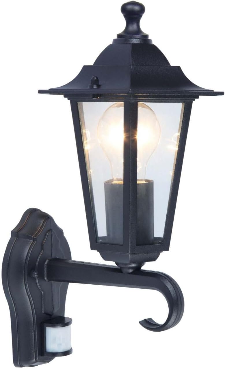 firstchoicelightingBlack Lantern Style Outdoor Security Light, PIR Motion Sensor Porch IP44 Wall Light