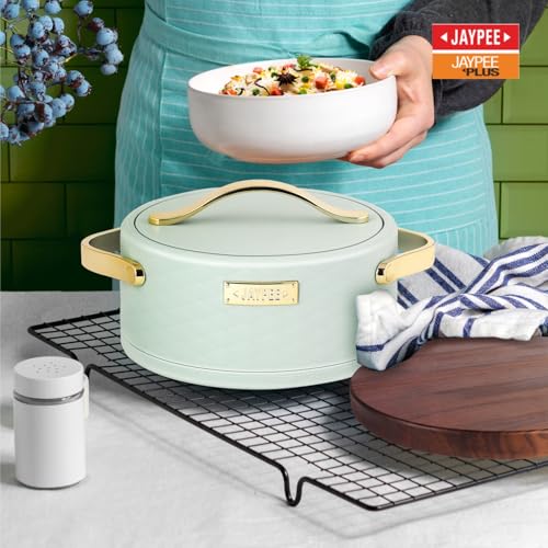 Image of JAYPEE Luxura Inner Stainless Steel Serving Casserole Set of 3 Elegance Unique Design PU Insulated 100% Food Grade with Lockable Lid, Chrome Plated Handle Hot Case |1500, 2000, 2500 ml, Green