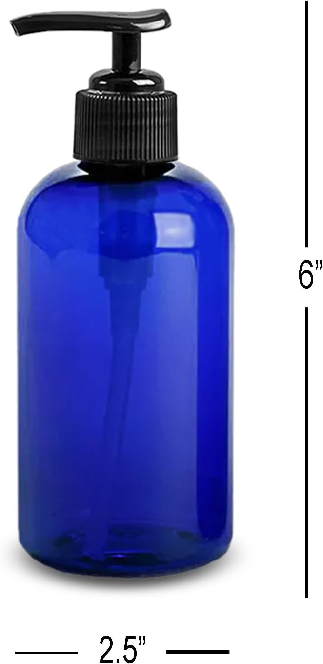 ljdeals 8 oz Blue Plastic Bottles with Pumps, Soap Dispenser, Empty Pump Bottles, Squeezable Refillable Containers for Shampoo, Lotion, Cream and More… Pack of 2, BPA Free, Made in USA