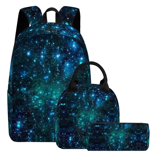 Okentiso 3PCS Boys Galaxy Backpack Bookbag for Kids Boys with Lunch Box 17 Inch Galaxy Teens Back to School Bag Set Laptop Backpack for Mens School/Daypack
