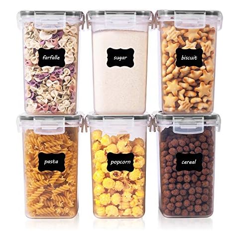 Vtopmart 1.6L Cereal Containers for Storage,Plastic BPA Free Kitchen Pantry Flour Storage,Dry Food Keepers,Set of 6 with 24 Labels (Black) Cover