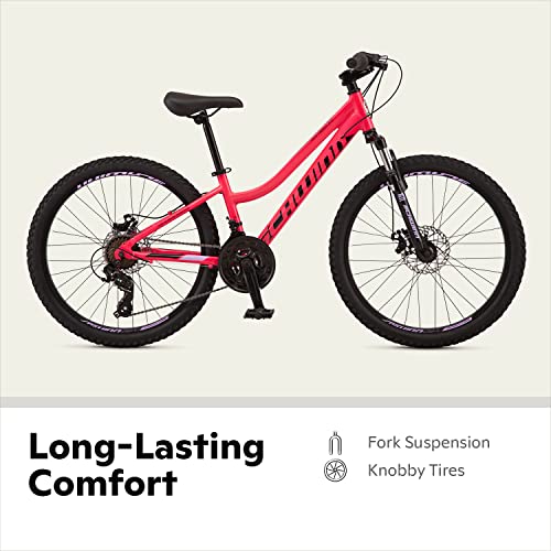 Image of Schwinn High Timber ALX Mountain Bike for Youth Boys Girls, 24-Inch Wheels, 21-Speeds, Front Suspension, Aluminum Frame, Mechanical Disc Brakes, Coral