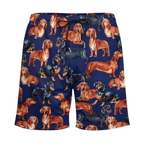 Dachshund Dog Print Blue Men's Beach Shorts with Compression Lining, Quick Dry Stretch Swimsuit4