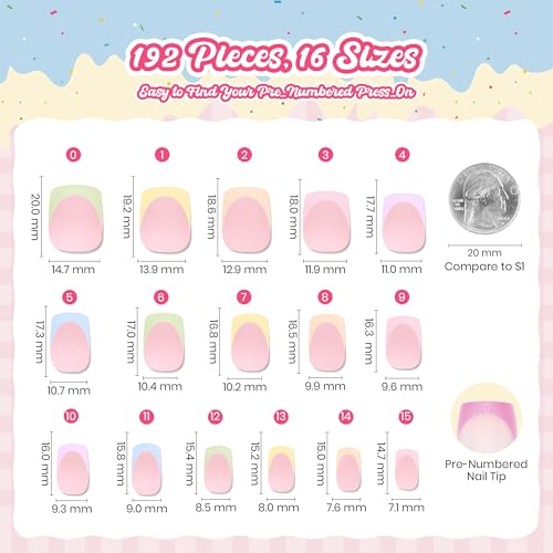 Image of Beetles French Tips Press On Nails Short Square Pastel 6 Colors 192Pcs | Short square Colored French tip fake nails in 6 colors with 192 pcs and 16 sizes for easy DIY manicures.