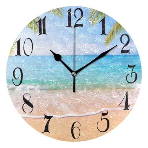 WellLee ZOEO Palm Trees Hawaiian Tropical Seashore Beach Clock Painted Silent Non-Ticking Round Wall Clock Home Art Bedroom Living Dorm Room Decor