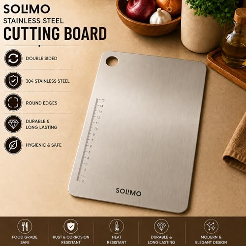 Image of Amazon Brand - Solimo Round Chopping Slicing, Kneading Board | Stainless Steel | Double Sided | Round Edge | for Vegetables, Fruits (L)