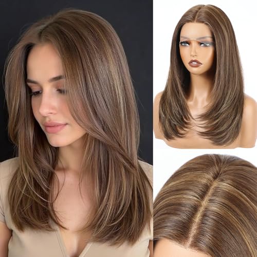 SHINEUP EMMOR Human Hair Wig for Women 13x5x1 Inch HD Lace Front Wig 18 Inch Layered Glueless Wigs Pre-Plucked Hairline Human Hair Blend Synthetic Fiber for Everyday Wear(Brown with Blonde Highlights)