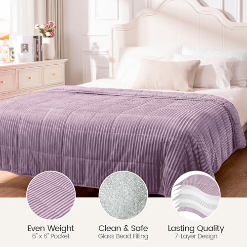 Image of Sherpa Fleece Weighted Blanket with Ribbed Stripes for Adults, 15 lbs Dual Sided Cozy Warm Blanket for Couch Full Size Bed, Glass Beads Heavy Thick Blankets Great for Sleep, Light Purple, 60 inch x 80 inch