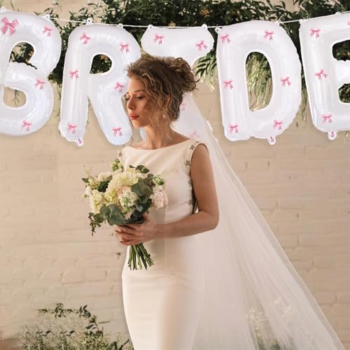 Image of White Bride Balloons 40 inch with Ribbon Bows for Bridal Shower Bride to Be Bachelorette Party Decorations Wedding Engagement Party Decor (Pink)