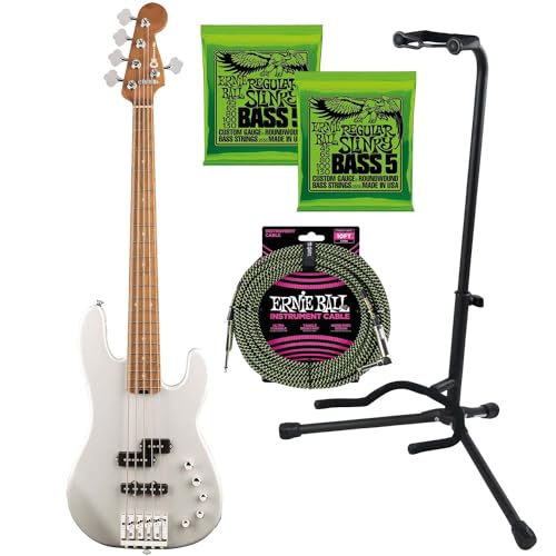 Charvel Pro-Mod San Dimas Bass PJ V – Platinum Pearl, (2) Ernie Ball 2836, Gator Stand, Ernie Ball P06077 Bundle