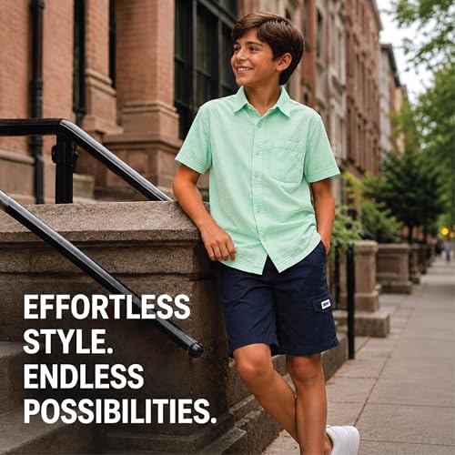 Image of DKNY Boys Shorts Set - 2 Piece Short Sleeve Collared Button Down Shirt and Matching Shorts for Boys (Sizes: 8-12)