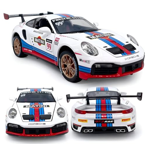 Image of 1:32 911 GT3 RS RSR Turbo S Matini Diecast Model Cars for Kids,Pull Back Car with Light,Sound and Arcylic Sheet Frame for Safety Sports Race Car for Boys Age 4-7 Gifts White Blue