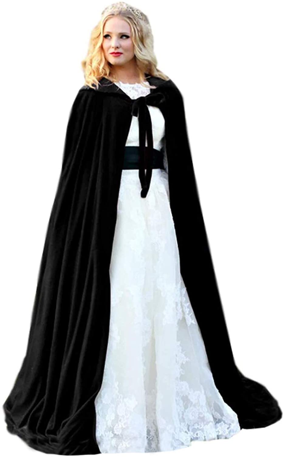 Black Womens Wraps Elegant Velvet Hooded Wedding Cloak Winter Long Cape with Hood Cosplay Costume Cape for Adults