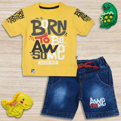 Image of Fancy Kids Pure Cotton T-Shirt And Denim Jeans Shorts Set For Boys
