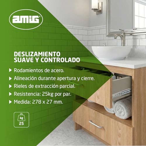 Miniatura 3 de Amig - Juego De 2 Guías Correderas Metálicas Mod.26 De Acero Galvanizado Para Cajones De Muebles, Cajoneras O Armarios - Extracción Parcial - Resistencia De Carga: 25 Kg Par - Medidas: 278 X 27 Mm