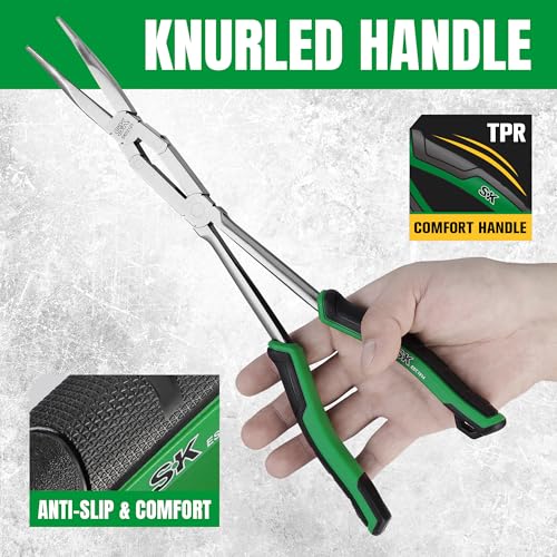 Image of SK 2-Piece Long Needle Nose Pliers, 13'' Double Compound Long Nose Pliers | Straight Long Reach Pliers, 45 Extra-long Bent Nose Pliers,Premium CR-V Steel, with Comfort Grips