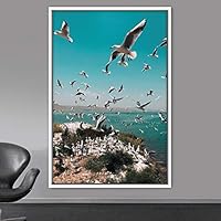 Framed Canvas Wall Art Flock of Birds Beach Birds Expressive Group Living Room Multicolor Photography - 16x24 inches