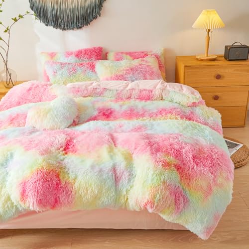 Faux Fur Fluffy Rainbow Comforter Cover Queen Set – Plush Faux Fur Rainbow Bedding 3-Piece Set (1 Duvet Cover + 2 Furry Pillow Shams) Cozy Bed Set