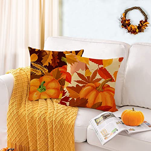 Set Of 4 Fall Pillow Covers 18X18 Inch Fall Thanksgiving Pumpkins Throw Pillows Covers Autumn Leaves Decorative Cushion Covers Outdoor Sofa Couch Pillow Cases Fall Halloween Decorations (18 By 18) #TOP3