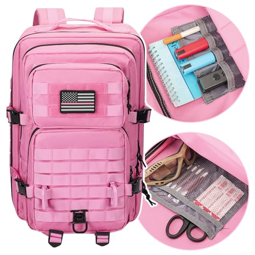 Image of Hannibal Tactical MOLLE Assault Backpack, Tactical Backpack Military Army Camping Rucksack, 3-Day Pack Trip w /USA Flag Patch, D-Rings, Pink