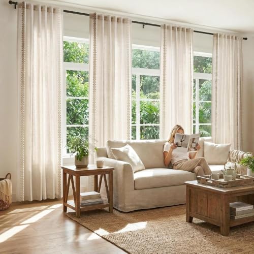 Image of jinchan Beige Linen Curtains with Woven Trim Back Tab 50 x 84 Inch 2 Panels