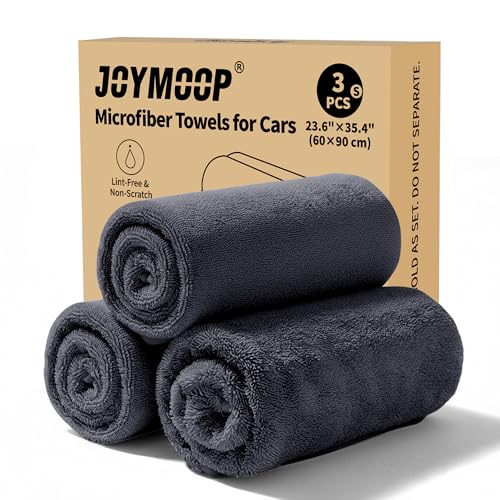 Image of JOYMOOP Microfiber Towels for Cars, 3 Pack 35.4 inch x 23.6 inch Car Drying Towel, Dark Gray Reusable Car Towel, Quick Drying Car Microfiber Cleaning Cloth for RVs, SUVs, Trucks