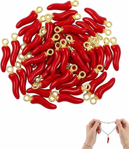 LEPJOS 50 Breloques Piment Rouge, Pendentifs Corne Italienne Porte-Bonheur pour Création de Bijoux DIY, Breloque pour Bracelet, Collier, Porte-Clés et Loisirs Créatifs