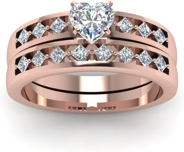 Choose Your Gemstone Kite Diamond CZ Ring Setting with Matching Band Rose Gold Plated Heart Shape Wedding Ring Sets Minimal Modern Design Birthday Gift Wedding Gift US Size 4 to 12