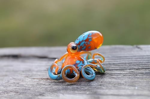 Miniatura 7 de Mini Blown Glass Octopus Figurine Handmade Orange and Blue Sea Creature Coastal Ocean Animal Decor Nautical Octopus Sculpture Small Glass