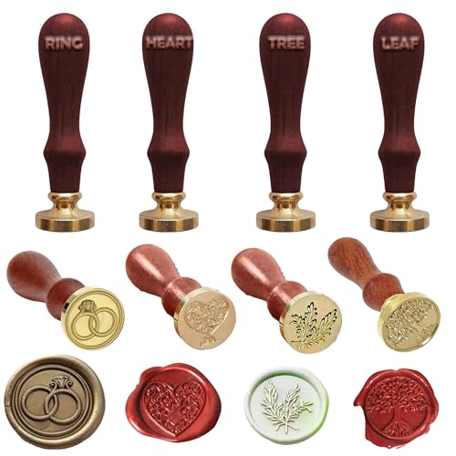 Image of Curated Cart Wax Seal Stamp Set - 4 Unique Wooden Monogram Sealing Stamps | Heart, Ring, Tree, and Leaf Designs in Gift Box | Perfect for Cards, Letters, Envelopes, Wedding Invitations