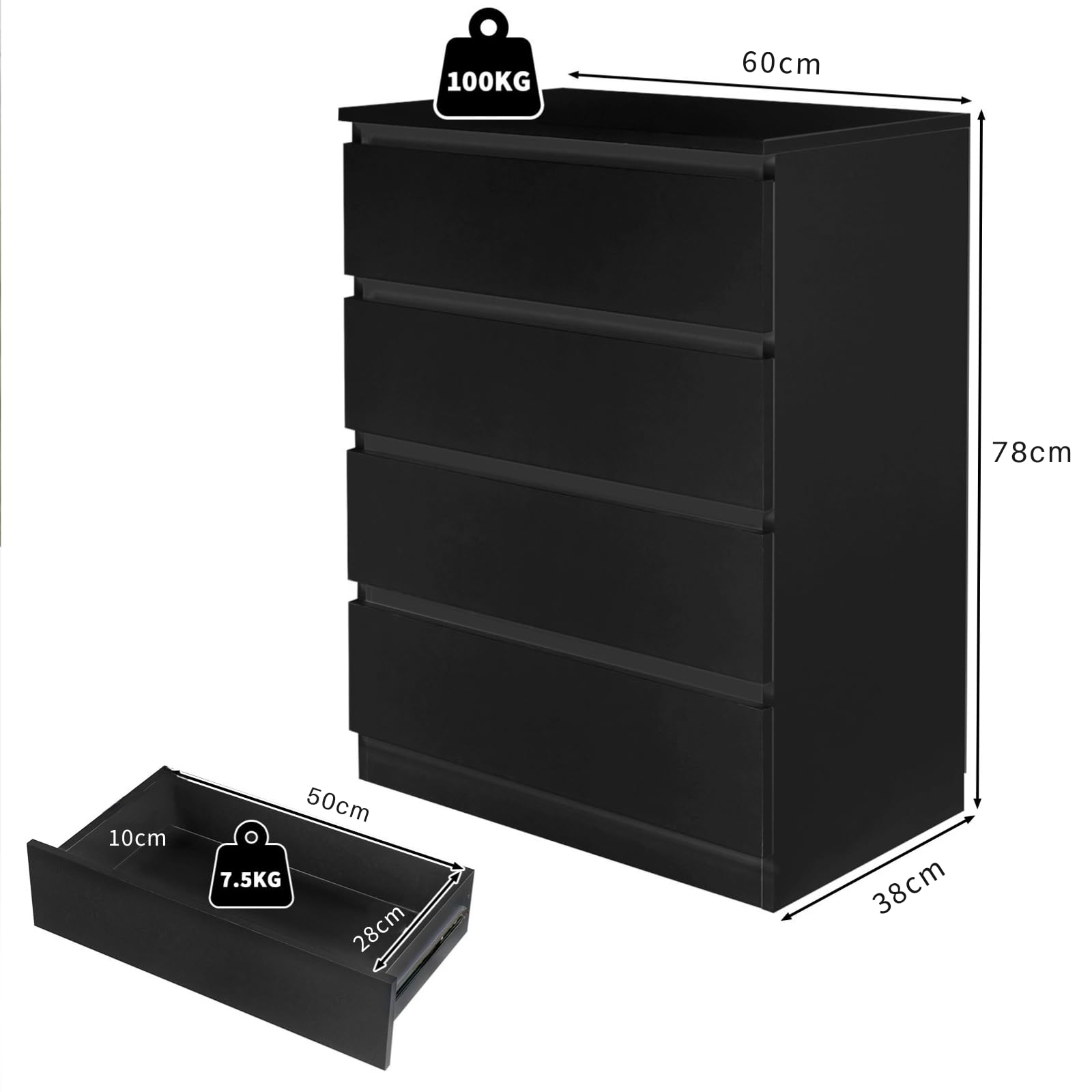 LEADZM Kommode Schlafzimmer Kommode mit 4 Schubladen, Schwarz